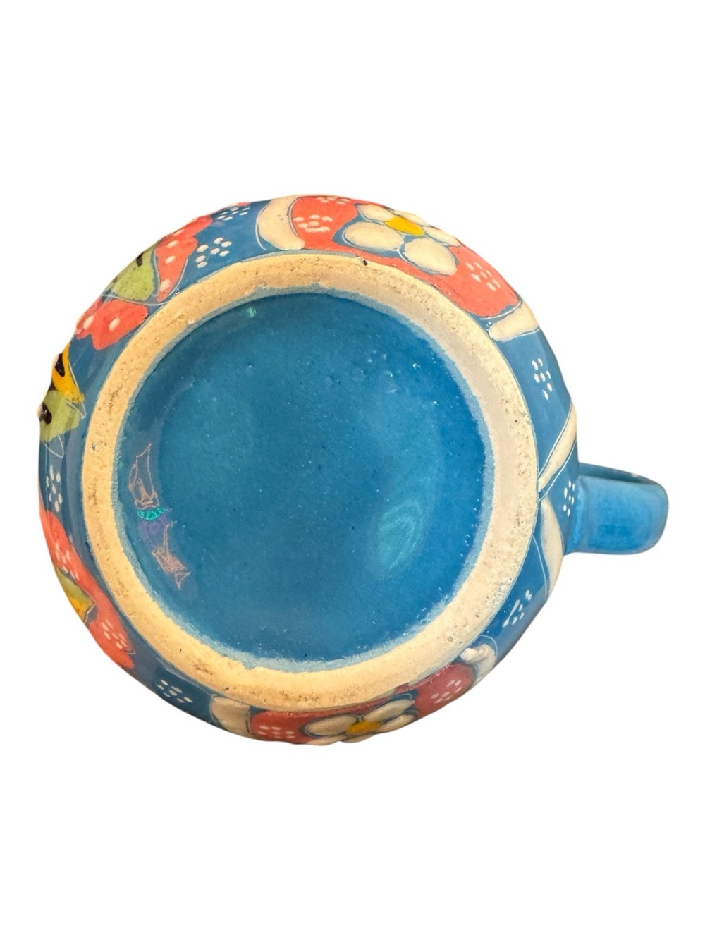 Handcrafted Turkish Ceramic Floral Mug Blue Pink Yellow Raised Art Pottery Cup - Picture 3 of 4